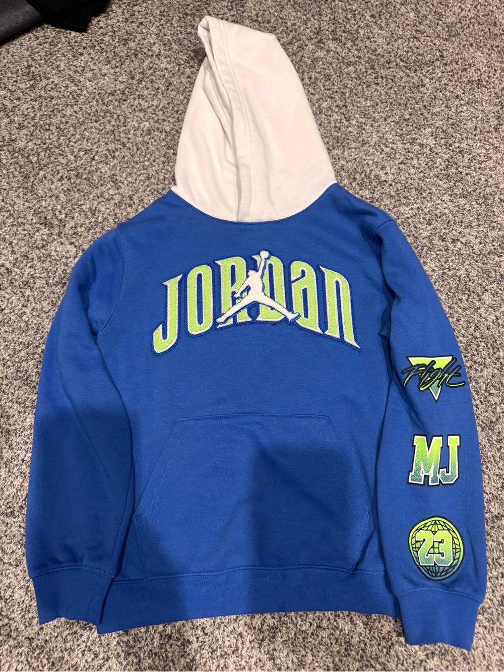 Jordan Blue & White Pullover Hoodie with Neon Green Accents